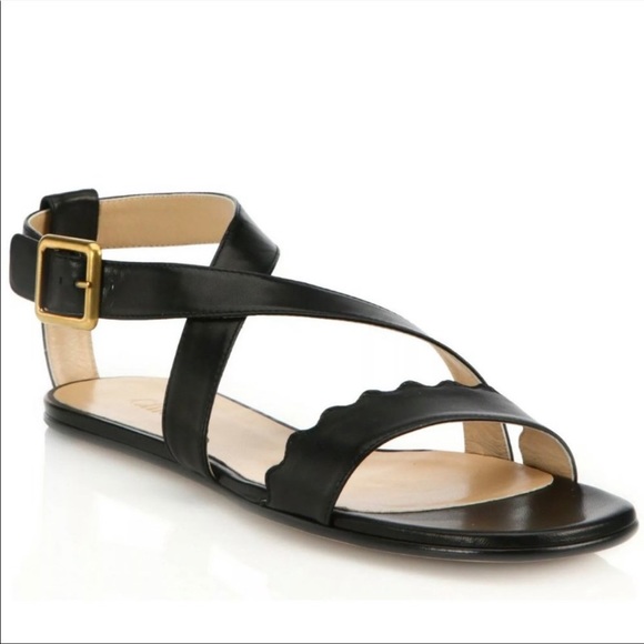 Chloe Shoes - CHLOE Scalloped Criss Cross black leather sandals